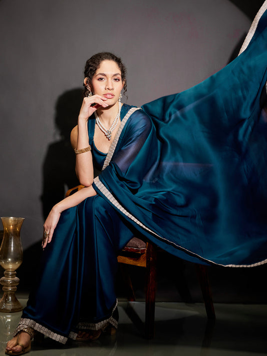Janasya Women's Teal Blue Silk Blend One-Minute Ready-to-Wear Embellished Saree with Unstitched Blouse