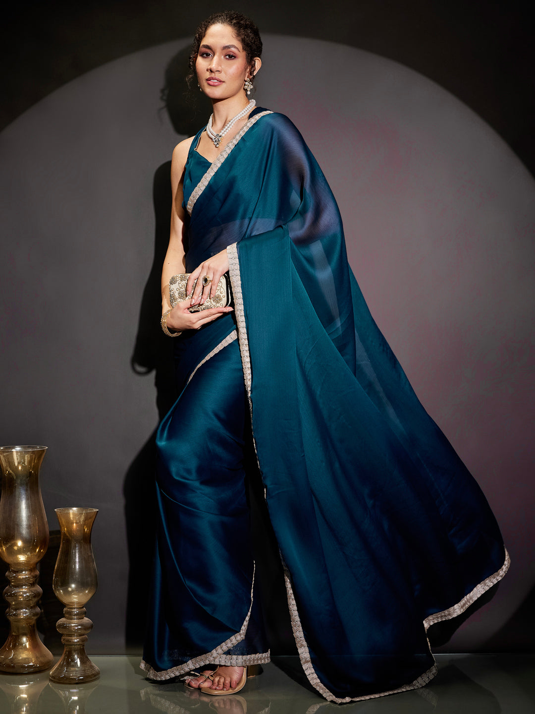 Janasya Women's Teal Blue Silk Blend One-Minute Ready-to-Wear Embellished Saree with Unstitched Blouse