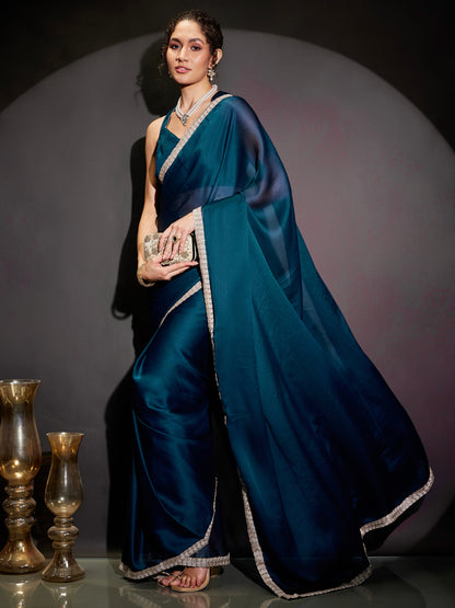 Janasya Women's Teal Blue Silk Blend One-Minute Ready-to-Wear Embellished Saree with Unstitched Blouse