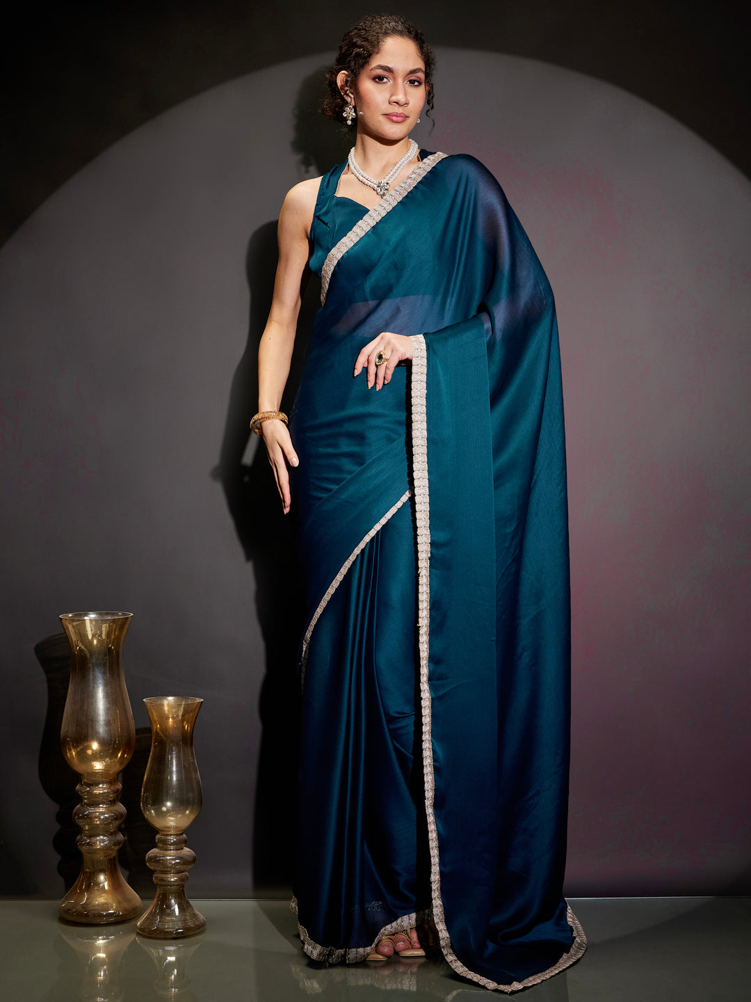 Janasya Women's Teal Blue Silk Blend One-Minute Ready-to-Wear Embellished Saree with Unstitched Blouse