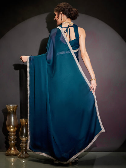 Janasya Women's Teal Blue Silk Blend One-Minute Ready-to-Wear Embellished Saree with Unstitched Blouse