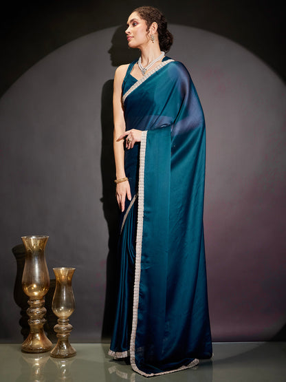 Janasya Women's Teal Blue Silk Blend One-Minute Ready-to-Wear Embellished Saree with Unstitched Blouse