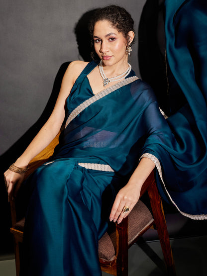 Janasya Women's Teal Blue Silk Blend One-Minute Ready-to-Wear Embellished Saree with Unstitched Blouse