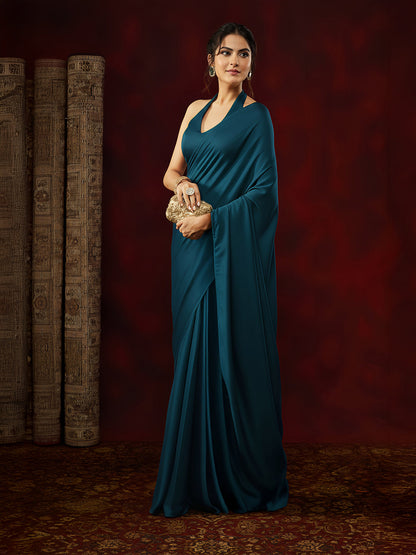 Janasya Women's Turquoise Satin One-Minute Ready-to-Wear Solid Saree with Unstitched Blouse