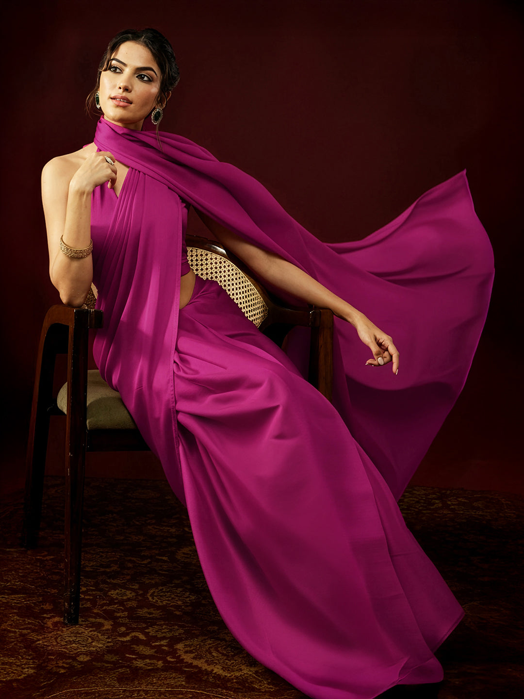 Janasya Women's Turquoise Satin One-Minute Ready-to-Wear Solid Saree with Unstitched Blouse