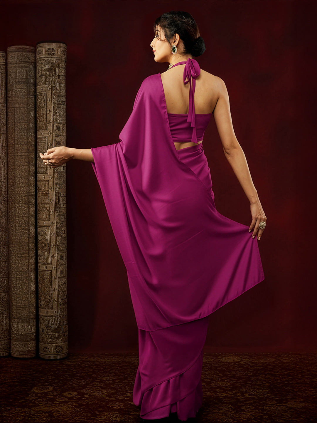 Janasya Women's Turquoise Satin One-Minute Ready-to-Wear Solid Saree with Unstitched Blouse