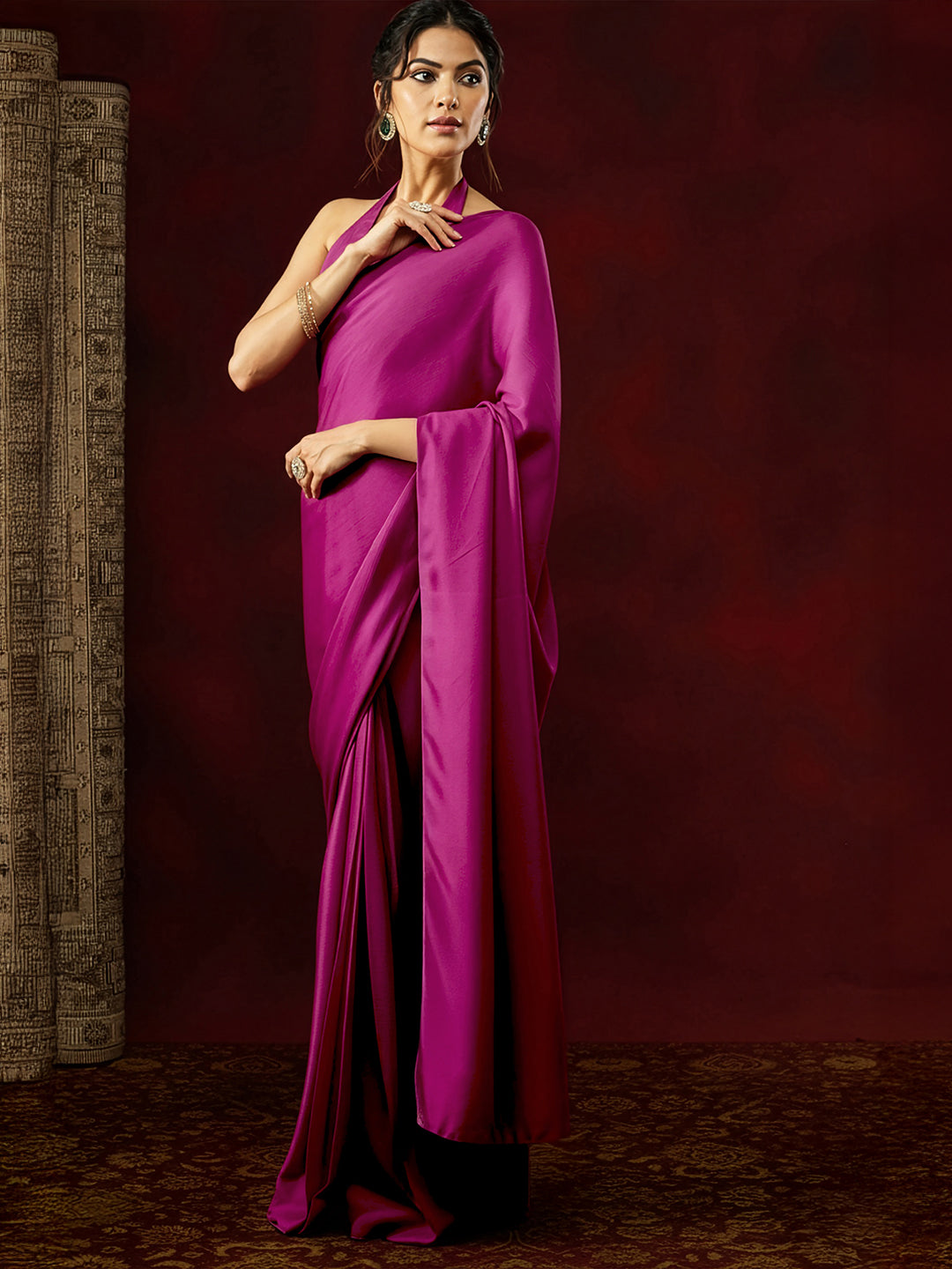 Janasya Women's Turquoise Satin One-Minute Ready-to-Wear Solid Saree with Unstitched Blouse