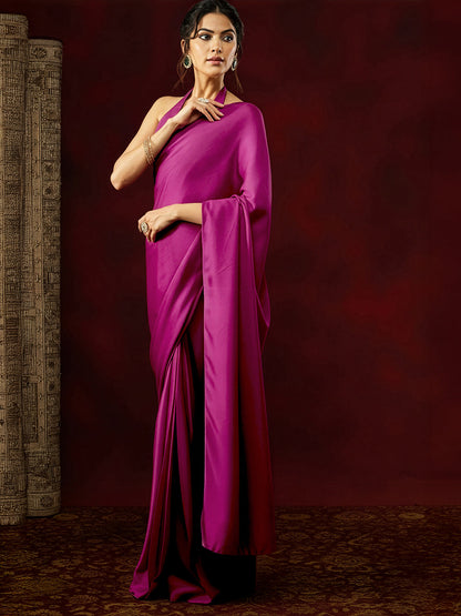 Janasya Women's Turquoise Satin One-Minute Ready-to-Wear Solid Saree with Unstitched Blouse