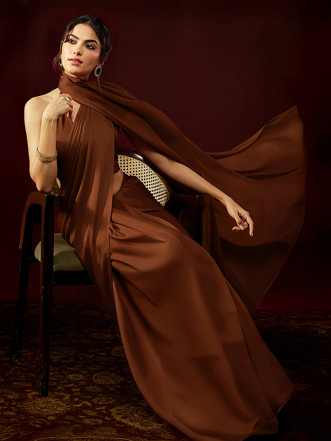 Janasya Women's Rust Satin One-Minute Ready-to-Wear Saree with Unstitched Blouse