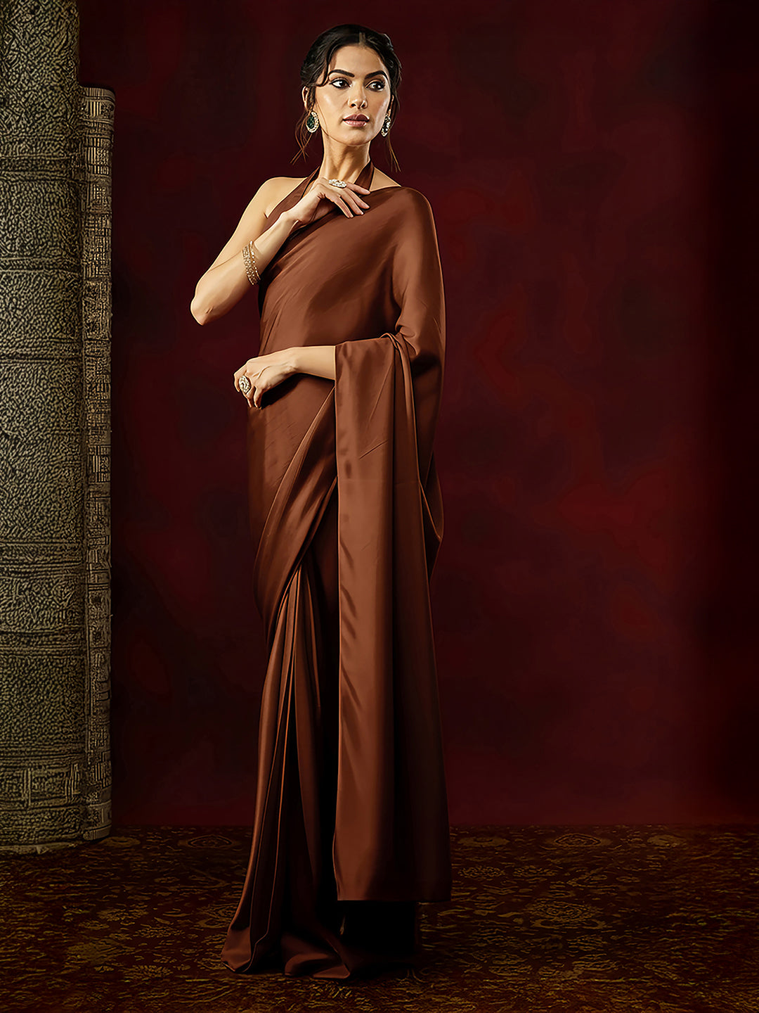 Janasya Women's Rust Satin One-Minute Ready-to-Wear Saree with Unstitched Blouse