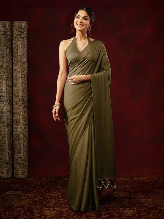 Janasya Women's Olive Satin One-Minute Ready-to-Wear Embellished Saree with Unstitched Blouse