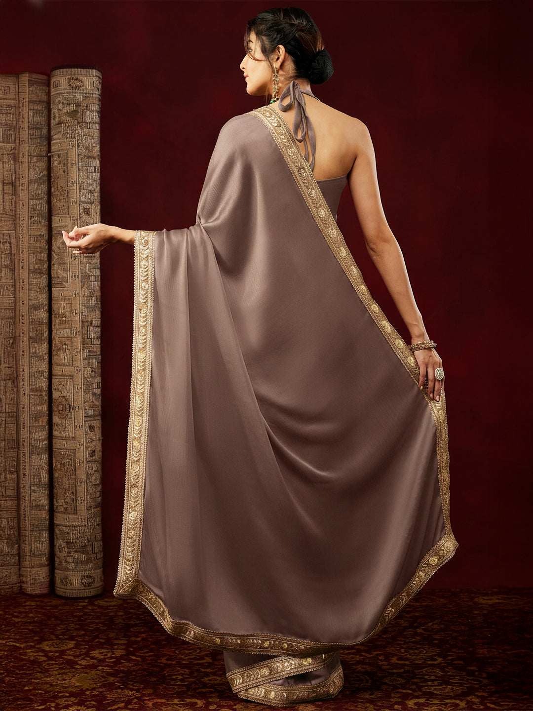 Janasya Women's Light Brown Silk Blend One-Minute Ready-to-Wear Embellished Saree with Unstitched Blouse