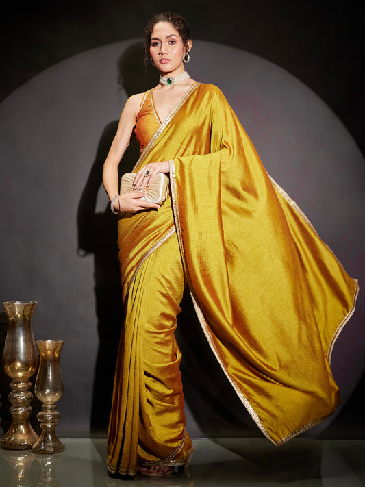 Janasya Women's Mustard Silk Blend One-Minute Ready-to-Wear Embellished Saree with Unstitched Blouse