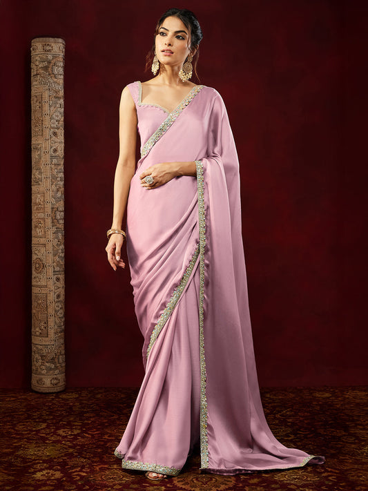 Janasya Women's Powder Pink Silk Blend One-Minute Ready-to-Wear Embellished Saree with Unstitched Blouse