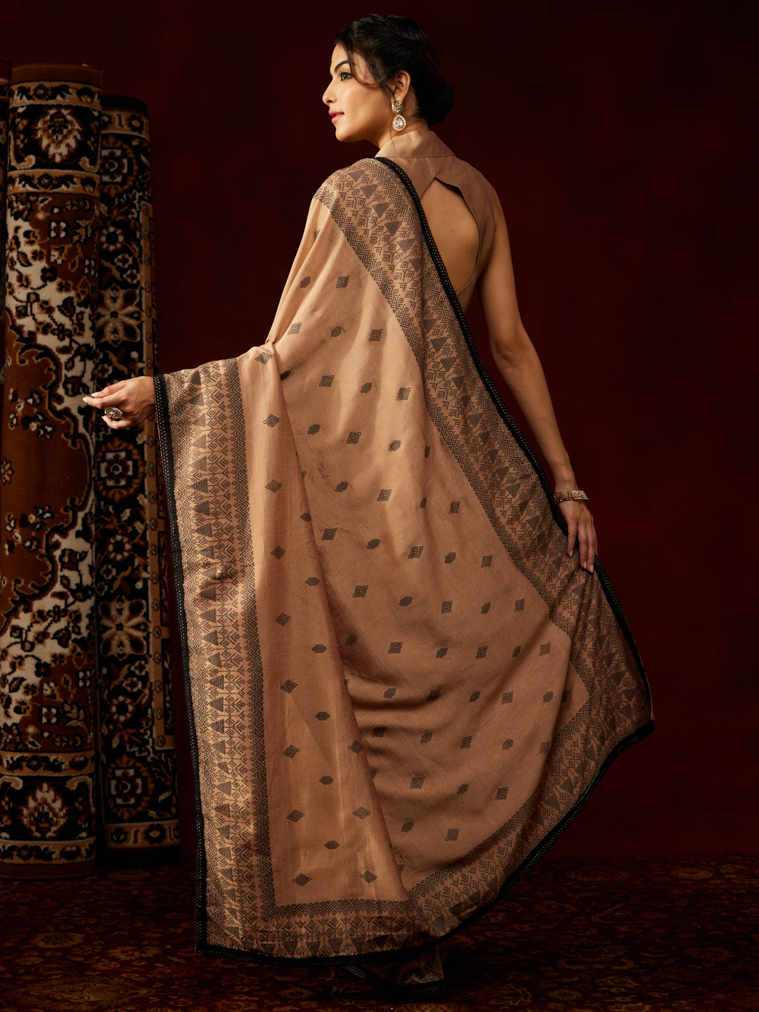 Janasya Women's Brown Silk Blend One-Minute Ready-to-Wear Printed Saree with Unstitched Blouse