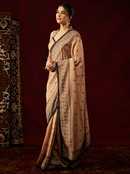 Janasya Women's Brown Silk Blend One-Minute Ready-to-Wear Printed Saree with Unstitched Blouse