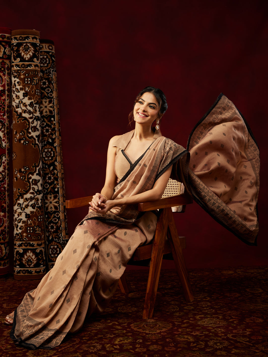 Janasya Women's Brown Silk Blend One-Minute Ready-to-Wear Printed Saree with Unstitched Blouse