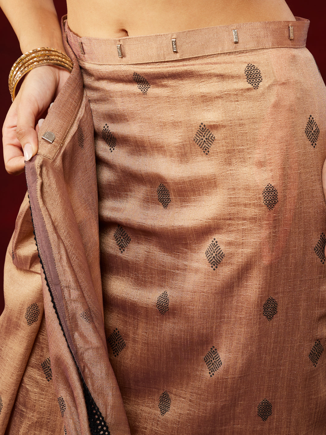 Janasya Women's Brown Silk Blend One-Minute Ready-to-Wear Printed Saree with Unstitched Blouse