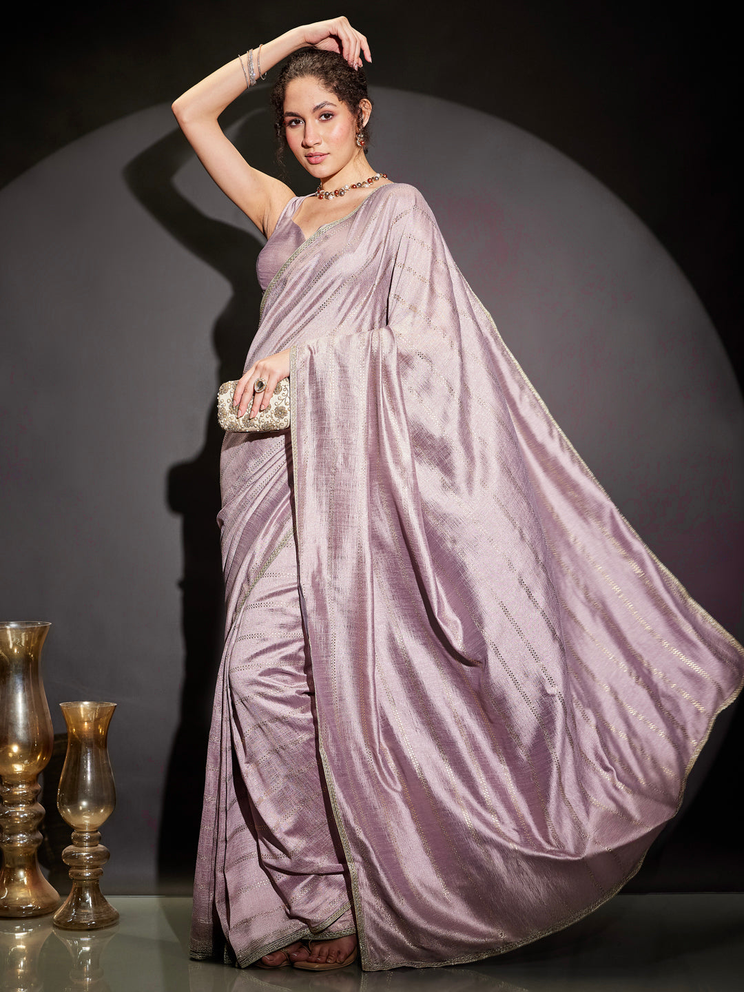 Janasya Women's Lavender Silk Blend One-Minute Ready-to-Wear Embellished Saree with Unstitched Blouse