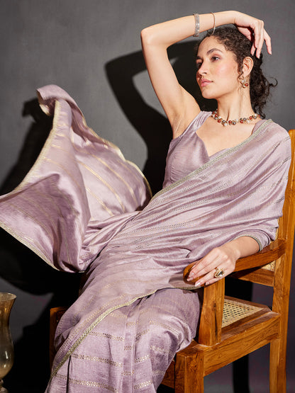 Janasya Women's Lavender Silk Blend One-Minute Ready-to-Wear Embellished Saree with Unstitched Blouse