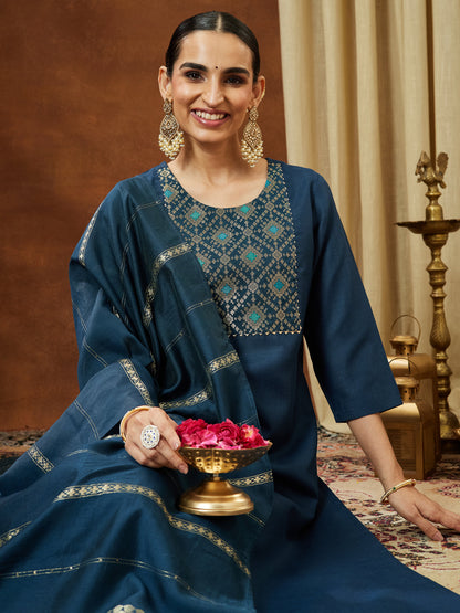 Janasya Women's Teal Blue Cotton Blend Yoke Design Straight Kurta Set