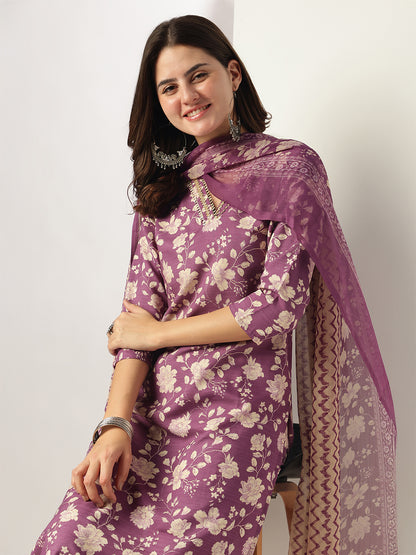 Janasya Women's Purple Rayon Floral Printed Straight Kurta Set