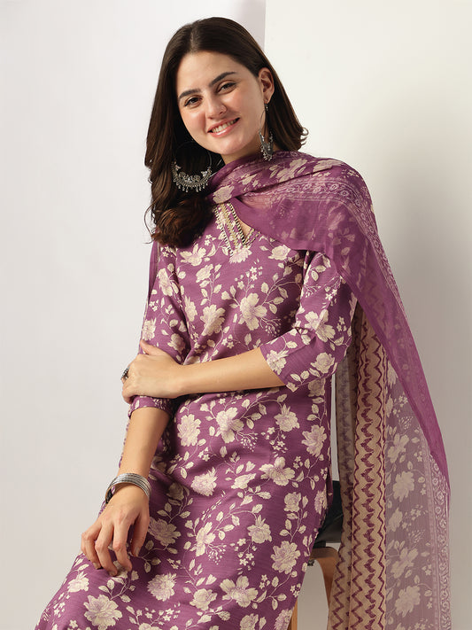 Janasya Women's Purple Rayon Floral Printed Straight Kurta Set