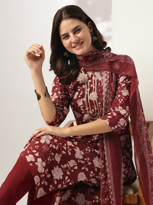 Janasya Women's Maroon Rayon Floral Printed Straight Kurta Set