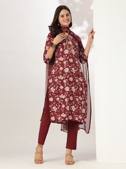 Janasya Women's Maroon Rayon Floral Printed Straight Kurta Set