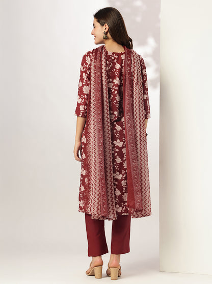 Janasya Women's Maroon Rayon Floral Printed Straight Kurta Set
