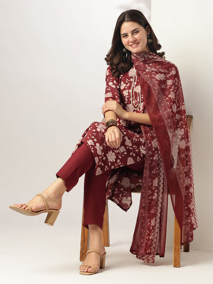 Janasya Women's Maroon Rayon Floral Printed Straight Kurta Set