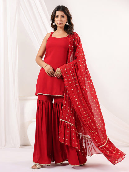 Janasya Women's Red Rayon Embellished Straight Kurti With Sharara & Dupatta Set