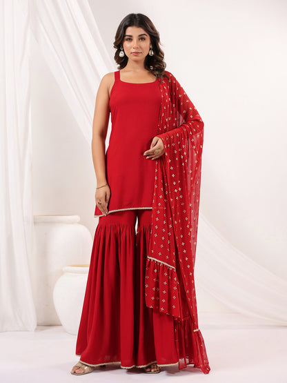 Janasya Women's Red Rayon Embellished Straight Kurti With Sharara & Dupatta Set