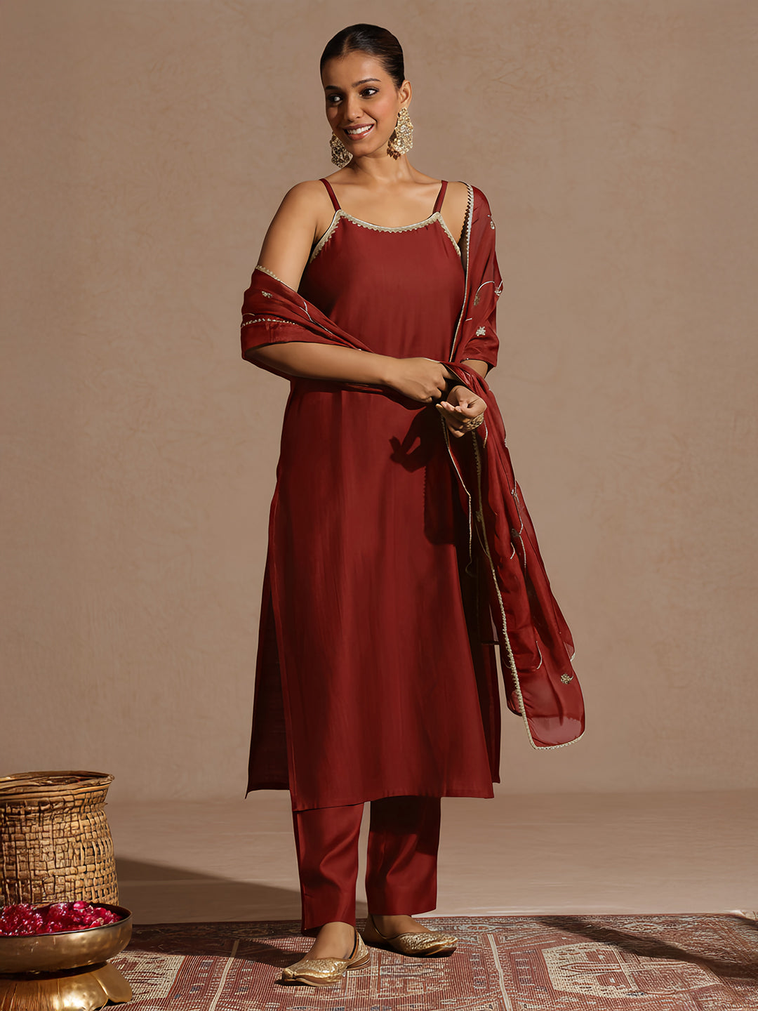 Janasya Women's Maroon Silk Blend Embellished Straight Kurta Set