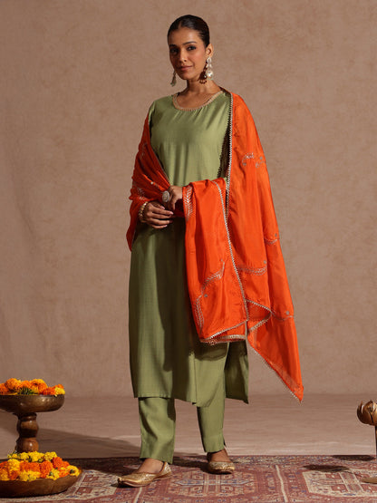 Janasya Women's Sage Green Silk Blend Embellished Straight Kurta Set