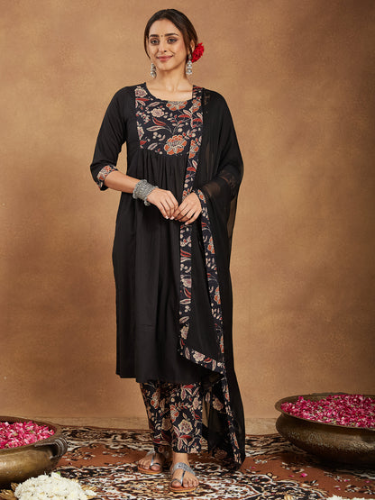 Janasya Women's Black Pure Cotton Floral Printed A-line Kurta With Palazzo & Dupatta Set