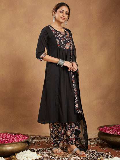 Janasya Women's Black Pure Cotton Floral Printed A-line Kurta With Palazzo & Dupatta Set