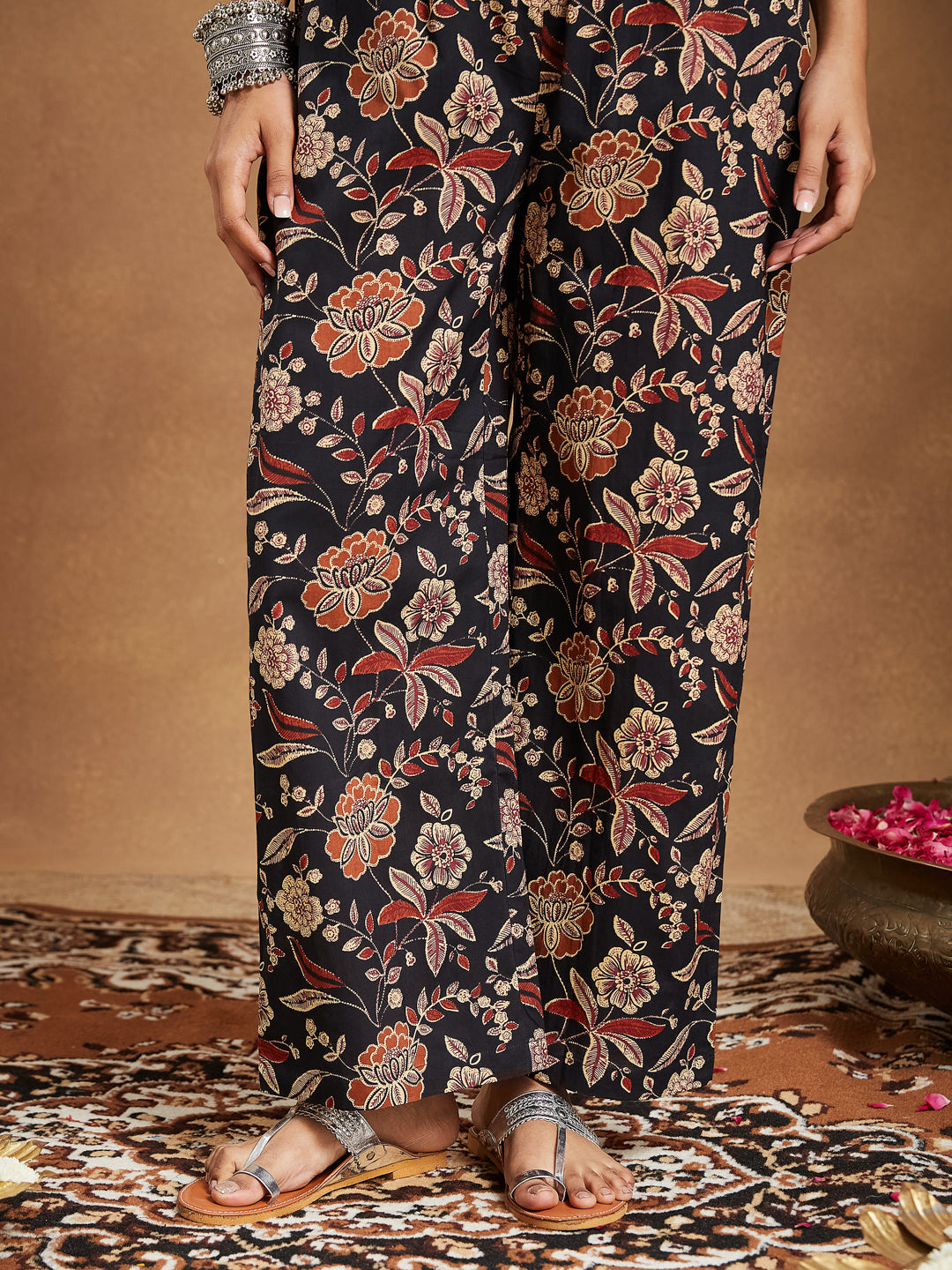 Janasya Women's Black Pure Cotton Floral Printed A-line Kurta With Palazzo & Dupatta Set