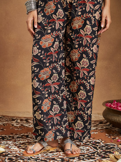 Janasya Women's Black Pure Cotton Floral Printed A-line Kurta With Palazzo & Dupatta Set