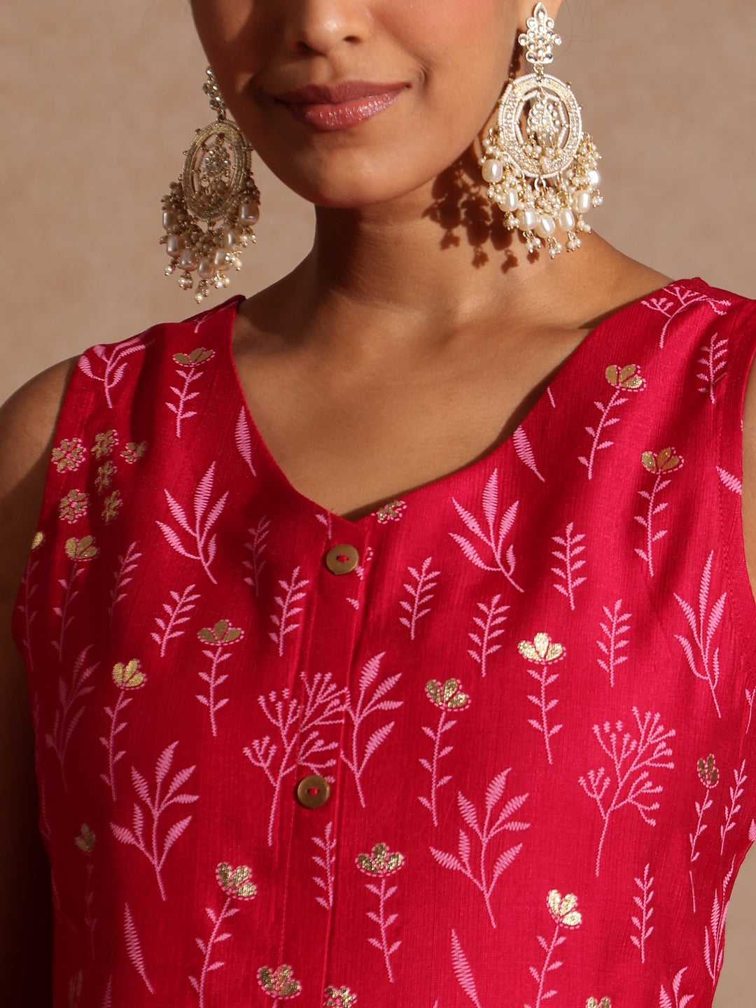 Janasya Women's Pink Silk Blend Gold Printed Straight Kurta Set