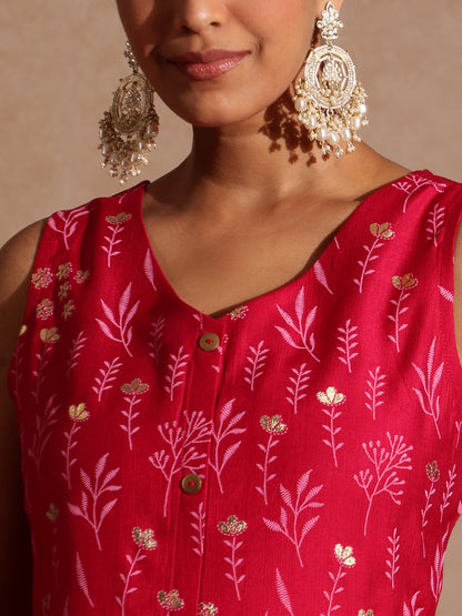 Janasya Women's Pink Silk Blend Gold Printed Straight Kurta Set