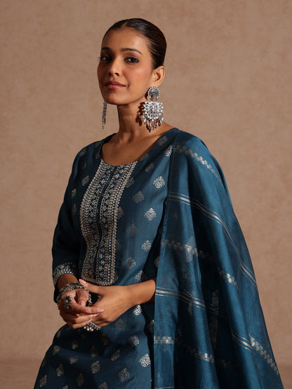 Janasya Women's Teal Blue Silk Blend Embellished Gold Foil Printed Straight Kurta Set