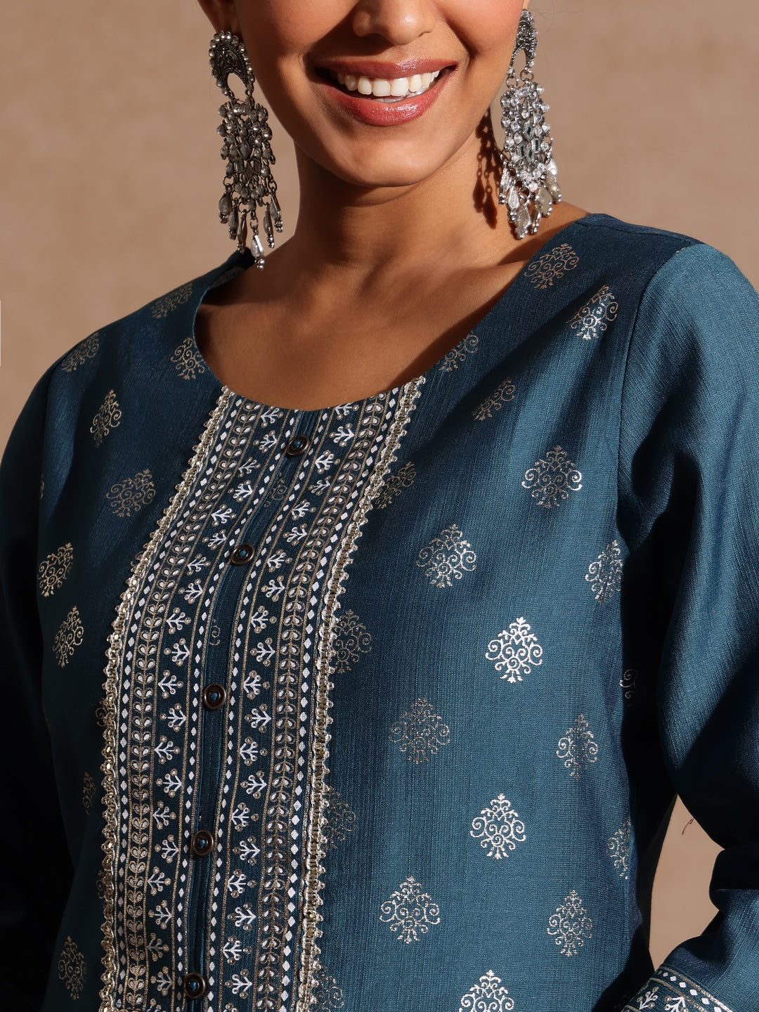 Janasya Women's Teal Blue Silk Blend Embellished Gold Foil Printed Straight Kurta Set