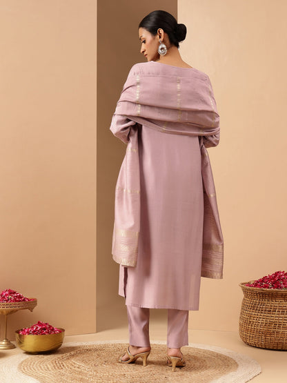 Janasya Women's Lavender Silk Blend Embellished Gold Printed Straight Kurta Set