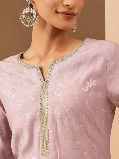 Janasya Women's Lavender Silk Blend Embellished Gold Printed Straight Kurta Set