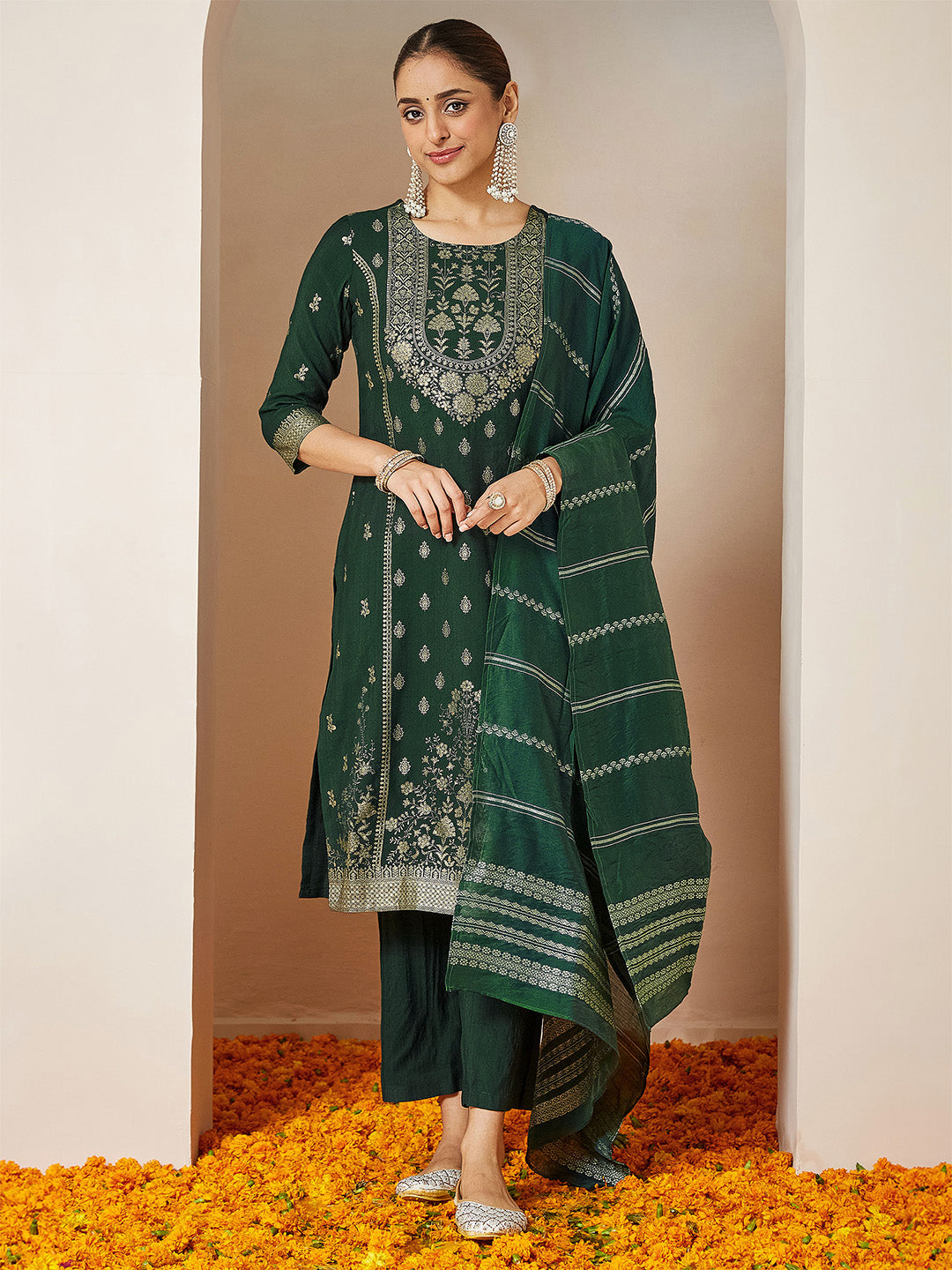Janasya Women's Bottle Green Silk Blend Foil Printed Straight Kurta Set