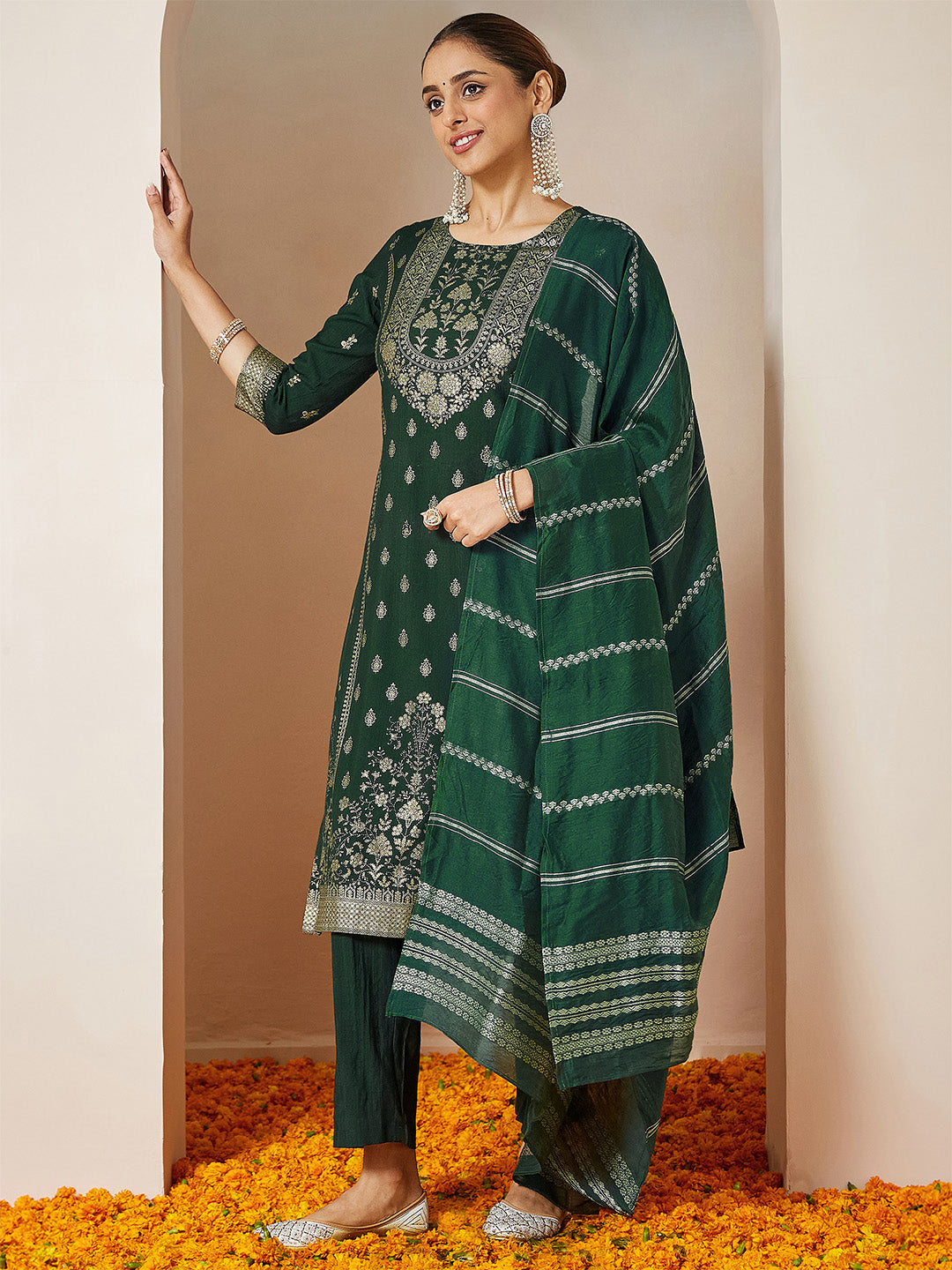 Janasya Women's Bottle Green Silk Blend Foil Printed Straight Kurta Set