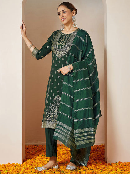 Janasya Women's Bottle Green Silk Blend Foil Printed Straight Kurta Set