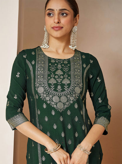 Janasya Women's Bottle Green Silk Blend Foil Printed Straight Kurta Set