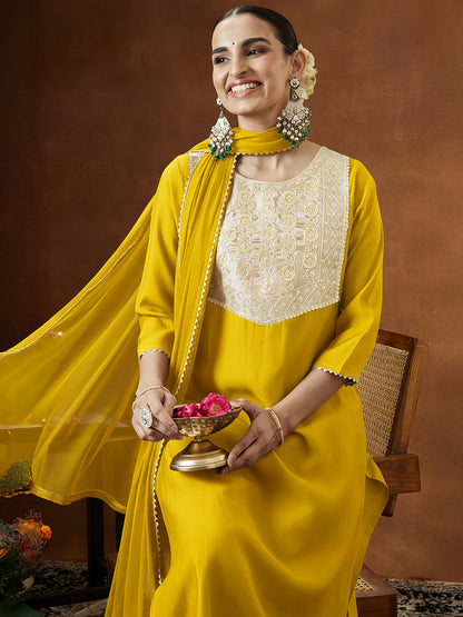 Janasya Women's Mustard Silk Blend Embellished Straight Kurta Set